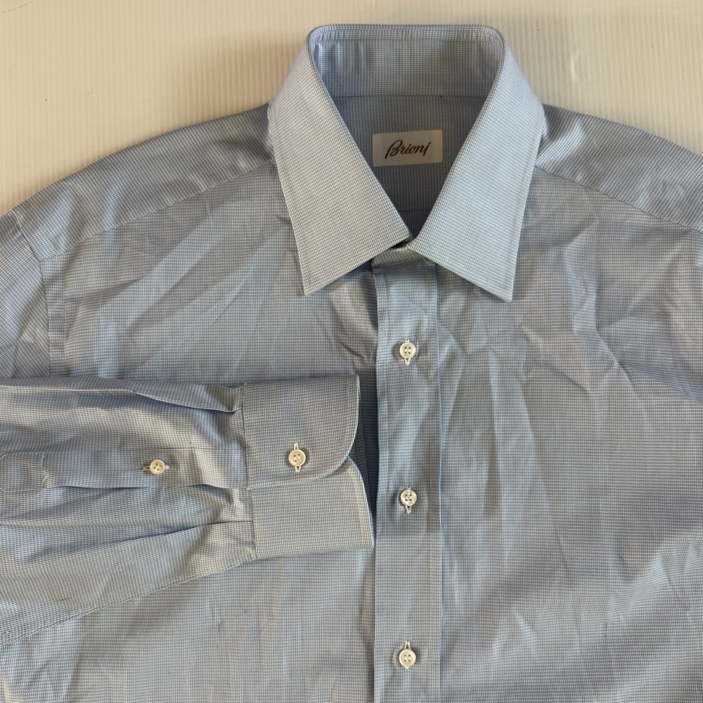 Brioni Dress Shirt Long Sleeve Size 16 Light Blue White Micro Houndstooth